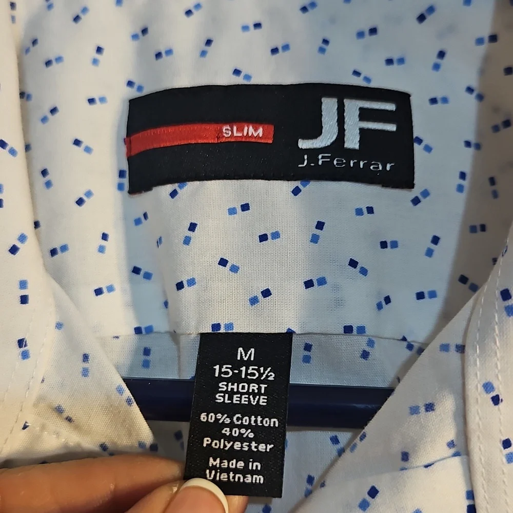 J Ferrar Mens Slim Fit Short Sleeve‎ Button Down Shirt White Blue Dash Medium